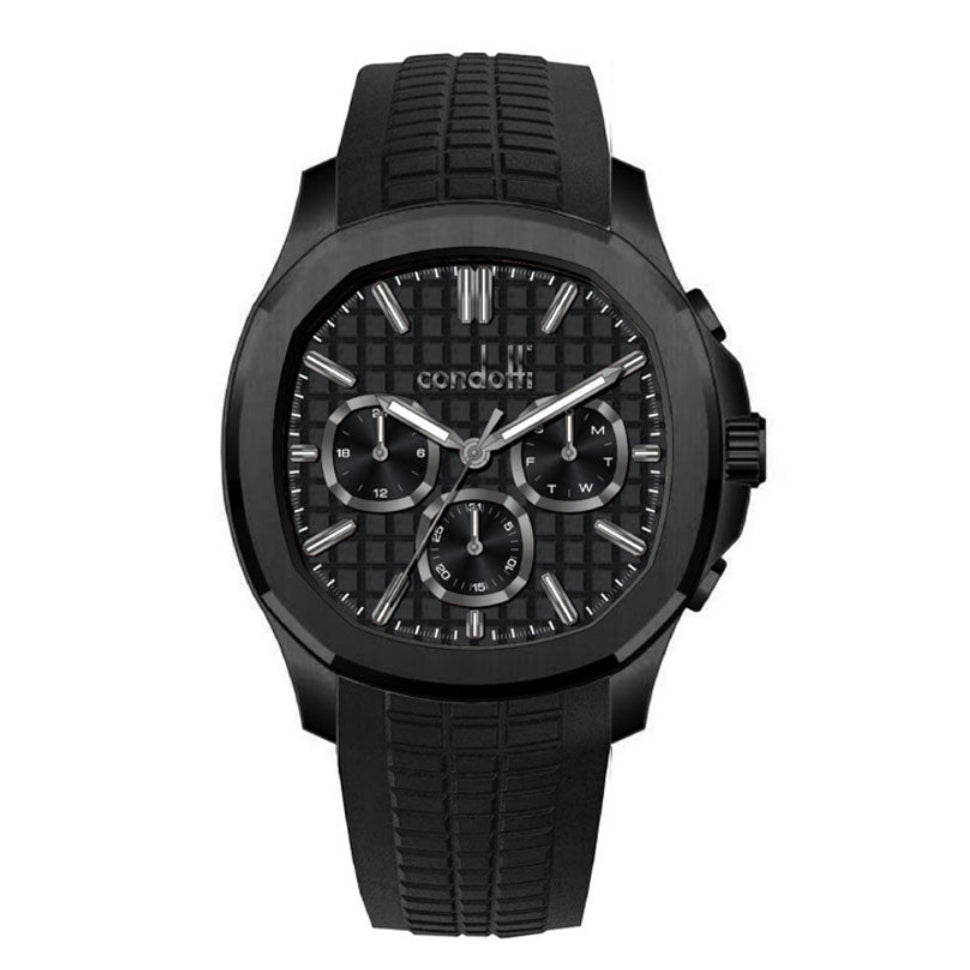 A black Edmondo wristwatch with a silicone band and a silver case, featuring a black dial with multifunctional subdials.