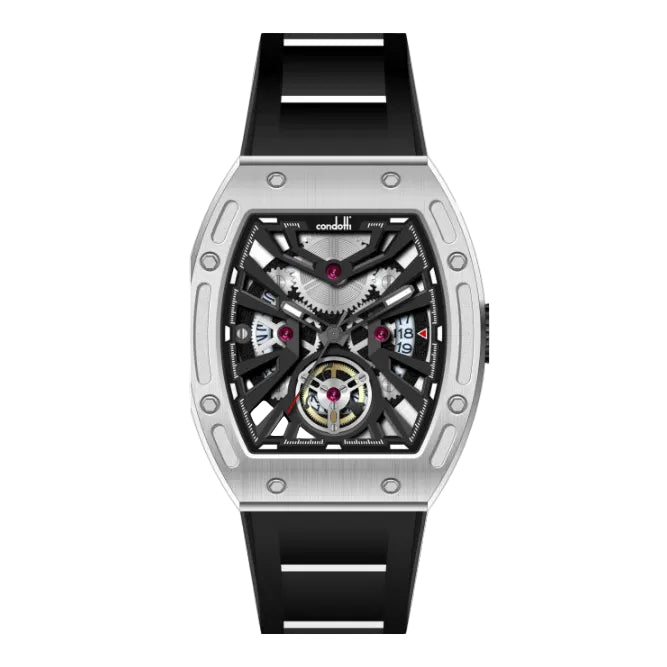 A silver Condotti Milano watch with a black dial and a black silicone strap.