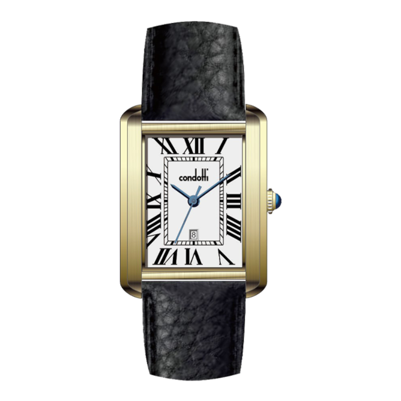 Luxury watch with black leather strap and gold case on a white background