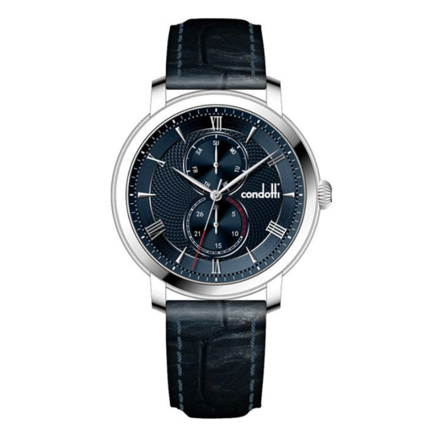 A Condotti watch with a blue dial and blue leather strap, featuring a stainless steel case.