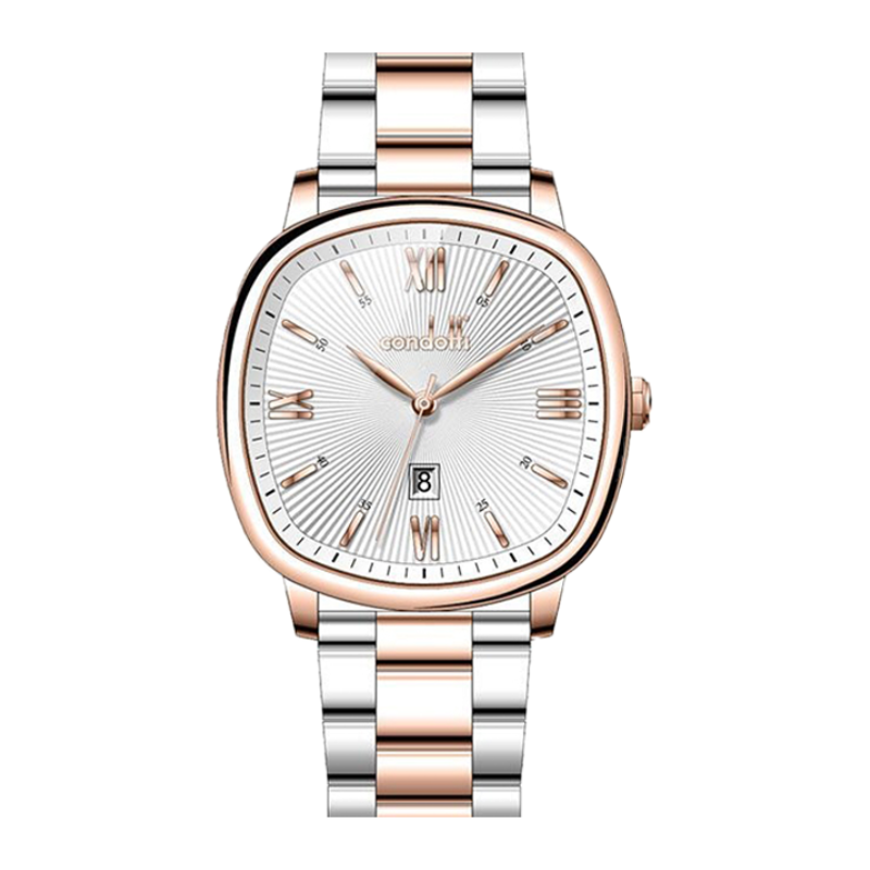Luxury watch with rose gold and silver band on white background