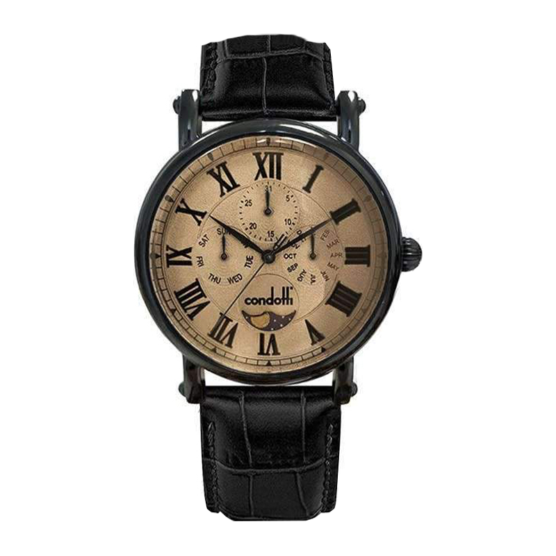 Vintage-style watch with black leather strap and beige face on a white background