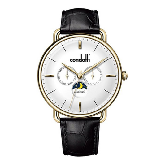 Condotti watch with black leather strap and white face on a white background