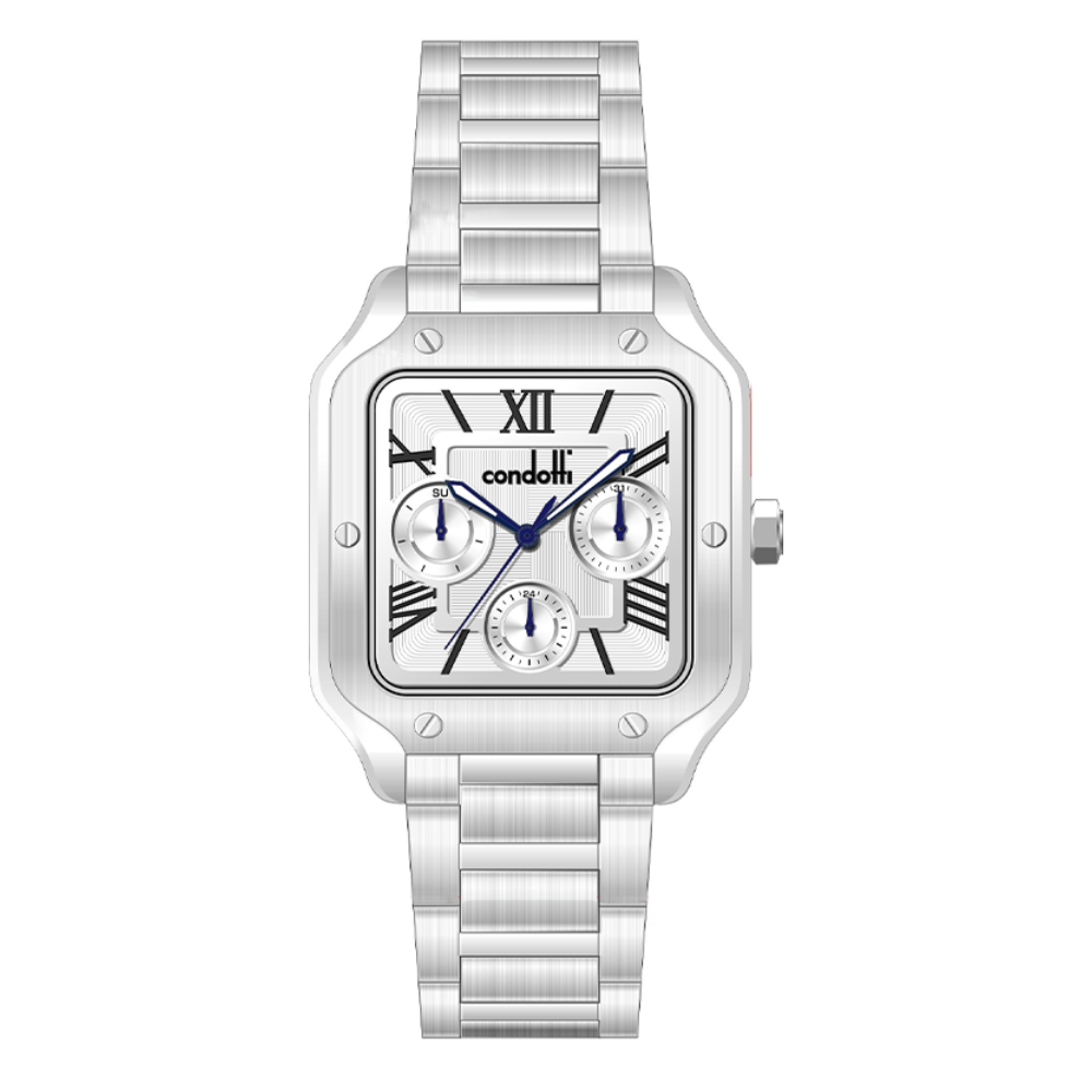 Silver watch with a white face on a white background