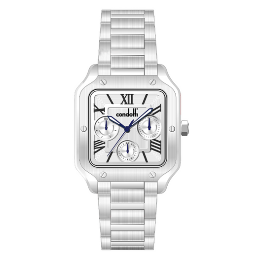 Silver watch with a white face on a white background