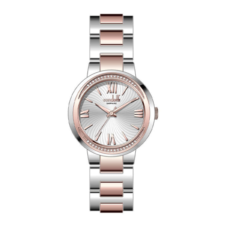 A rose gold stainless steel watch with a black mother-of-pearl dial and a two-tone rose gold bracelet strap.