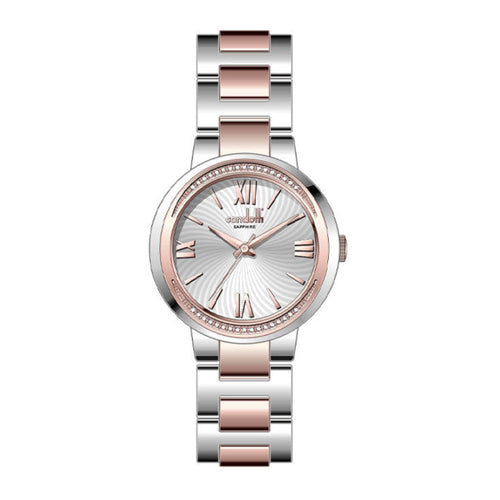 A rose gold stainless steel watch with a black mother-of-pearl dial and a two-tone rose gold bracelet strap.