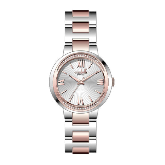 A rose gold stainless steel watch with a black mother-of-pearl dial and a two-tone rose gold bracelet strap.