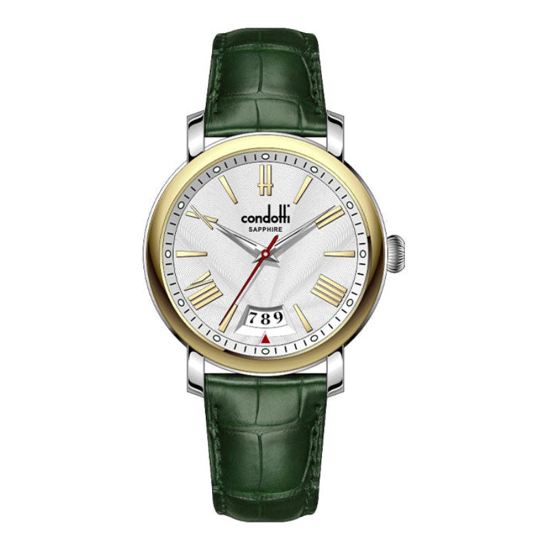 A green leather strap watch with a white dial, gold case, and silver hands. The watch has a date display and a crocodile pattern on the strap.