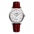 A silver-toned Condotti analog watch with a white dial and a burgundy leather strap featuring a crocodile pattern.
