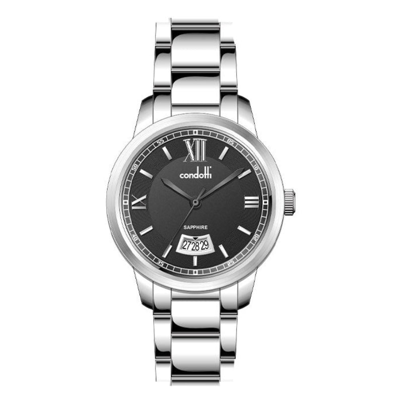 A silver stainless steel Condotti watch with a black dial and a bracelet strap.