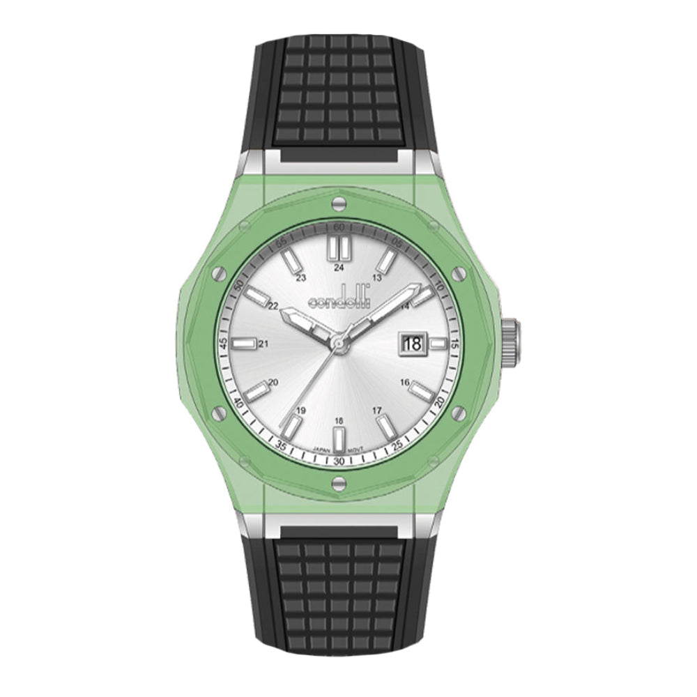 A silver and green Condotti watch with a black silicone strap, a date display, and a sunray dial pattern.