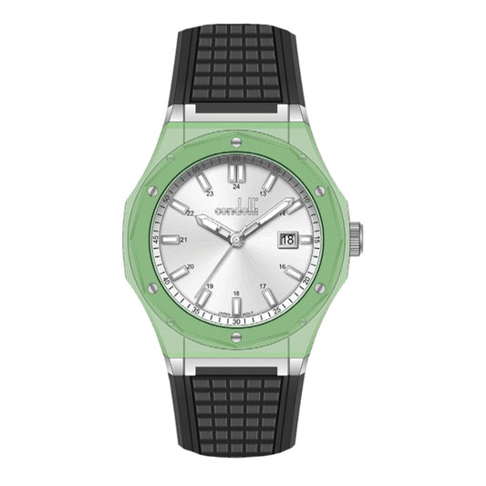 A silver and green Condotti watch with a black silicone strap, a date display, and a sunray dial pattern.
