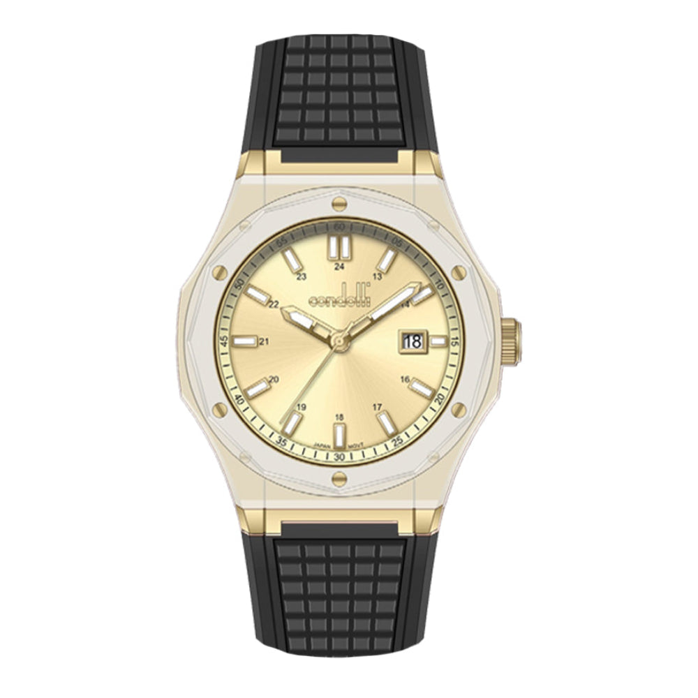A gold-colored CONDOTTI watch with a sunray dial and a black silicone strap.
