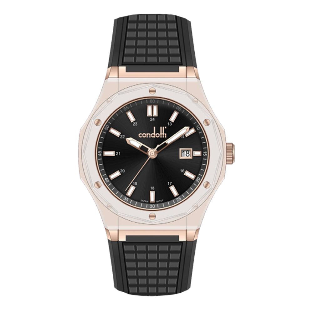 A rose gold Condotti watch with a black silicone strap and a sunray black dial.