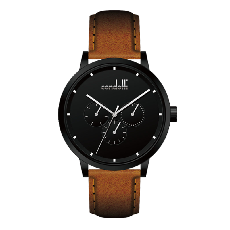 Watch with black dial and brown leather strap on a white background