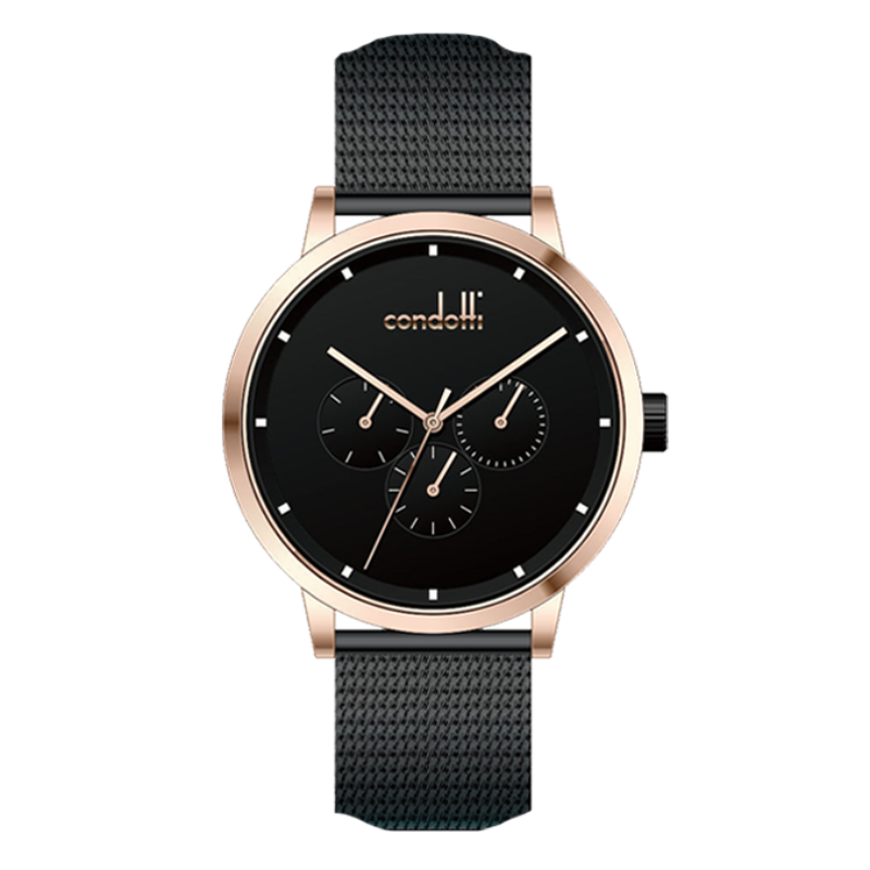 Watch with black face and mesh strap on a white background