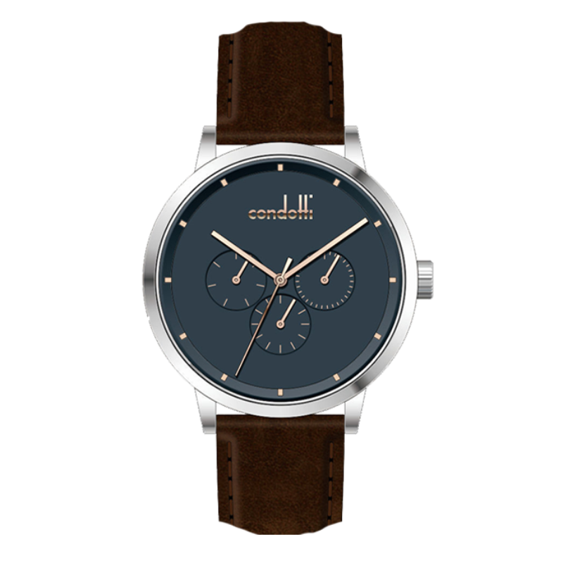 Watch with brown leather strap and dark blue dial on a white background