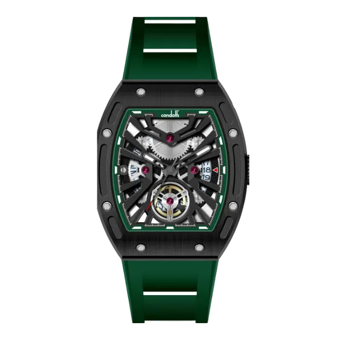 A black and green CONDOTTI watch with a silicone strap, mineral glass, and a tourbillon display.