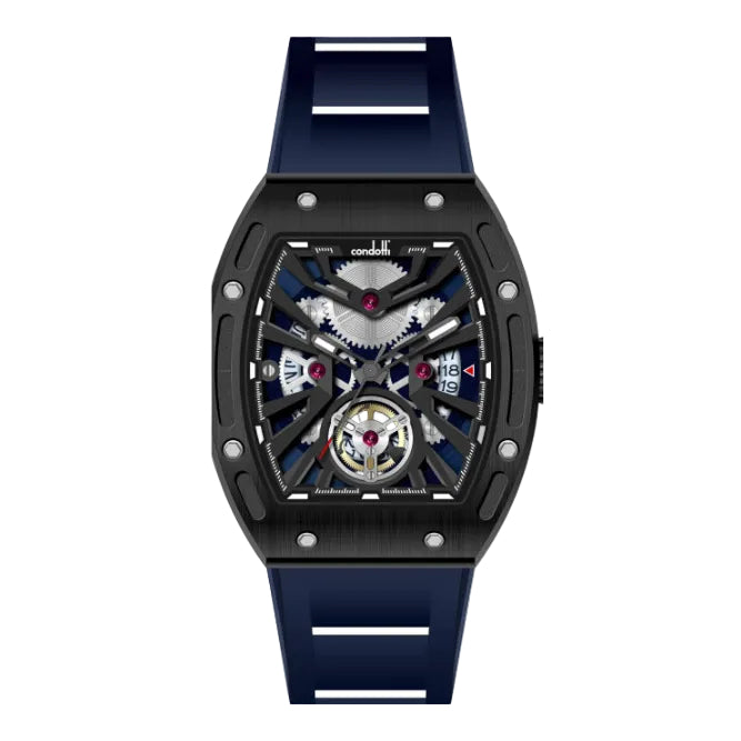 A black Condotti Milano watch with a blue dial and navy blue silicone strap, featuring a tourbillon and a Japan movement.