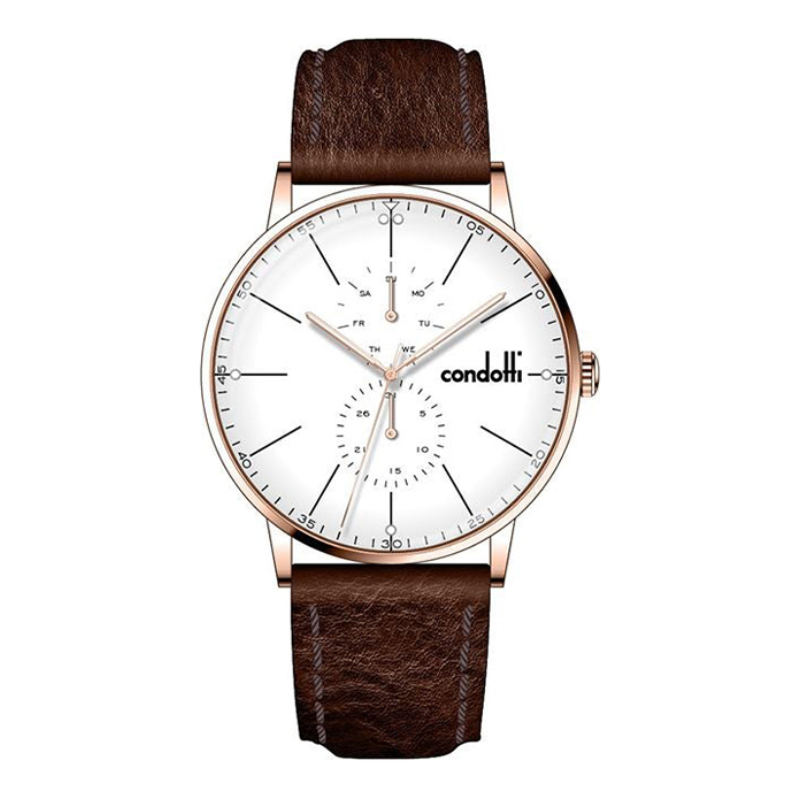 Watch with brown leather strap and white face on a white background