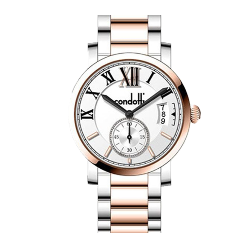 Silver and rose gold watch with white face on a white background