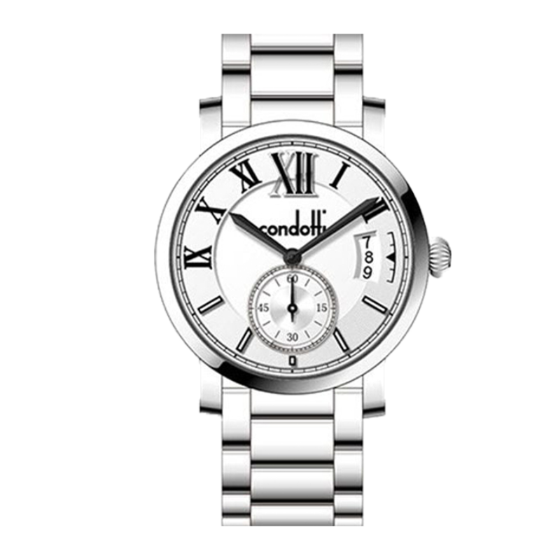 Silver watch with white face on a white background