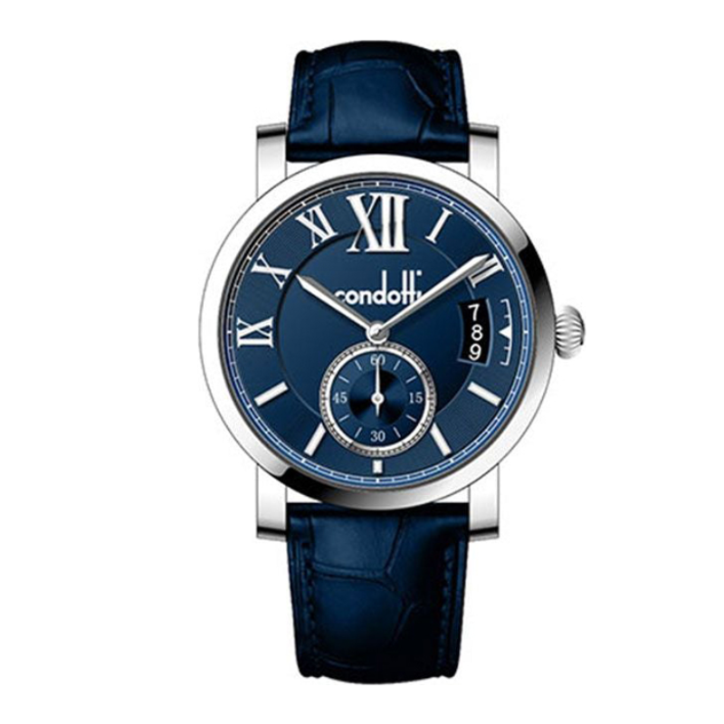 Blue watch with silver case and blue leather strap on a white background