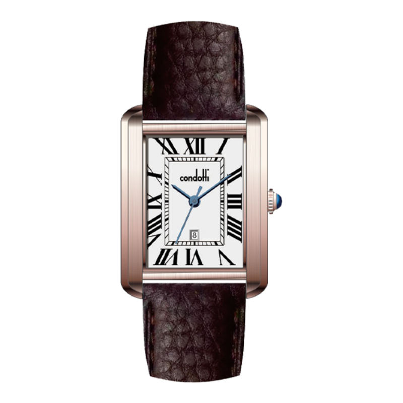 Watch with brown strap and white face on a white background