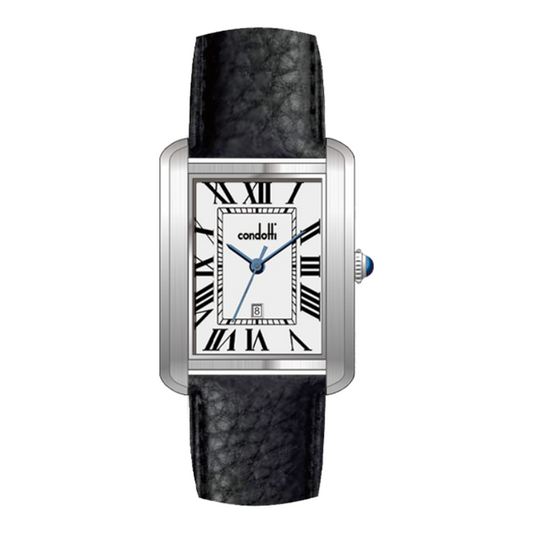 Watch with black strap and white face on a white background