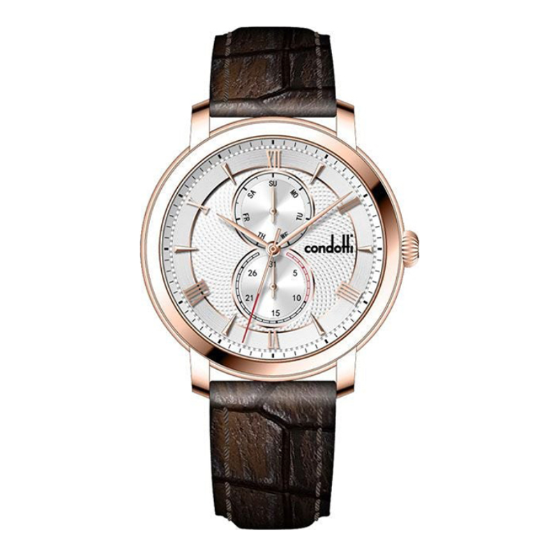 Watch with brown leather strap and silver dial on a white background