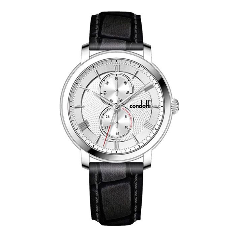 Watch with black strap and silver dial on a white background