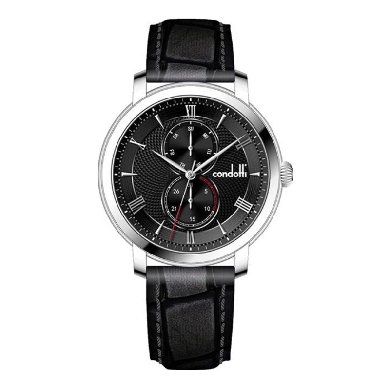 Black wristwatch with silver case and black strap on a white background