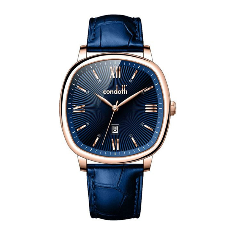 Blue watch with rose gold case and blue leather strap on white background