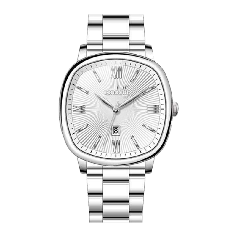 Silver wristwatch with a white face on a white background