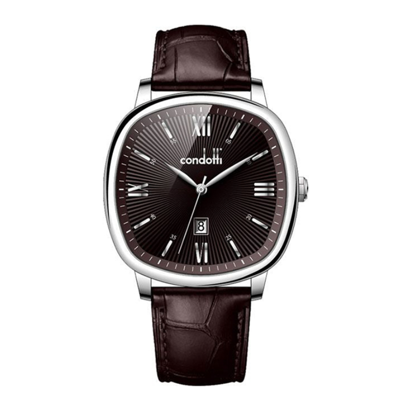 Condotti watch with brown leather strap and black dial on a white background