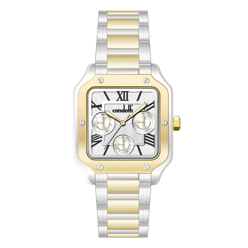 Two-tone watch with silver and gold band on a white background
