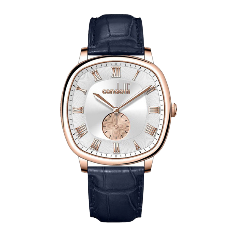 Luxury watch with rose gold case and blue leather strap on a white background