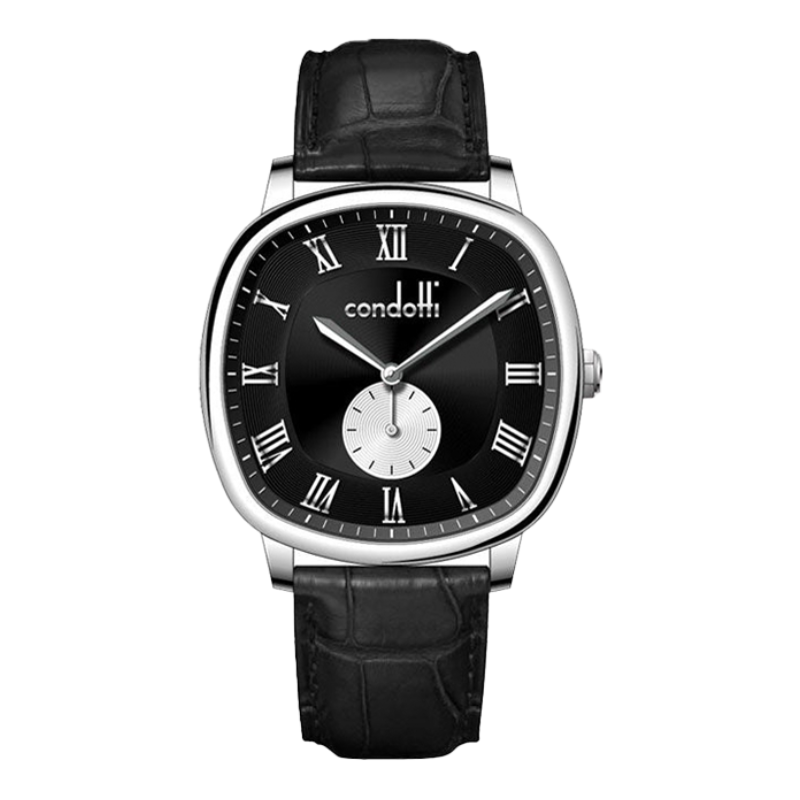Black wristwatch with silver case and black leather strap on a white background