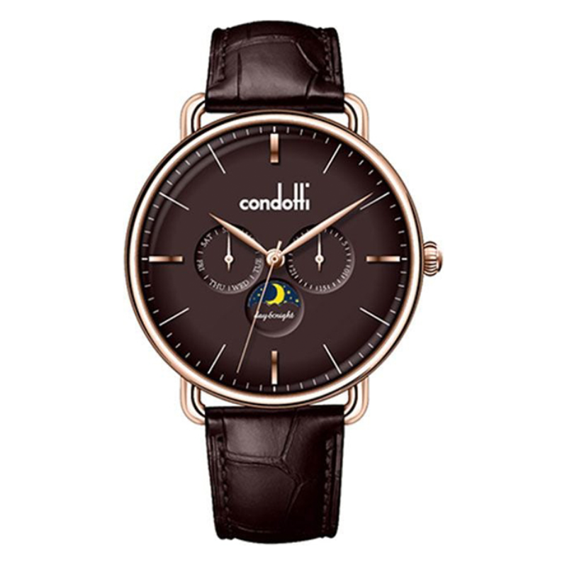 Condotti watch with brown leather strap and dark brown face on a white background