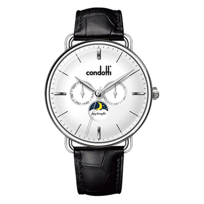 Watch with black leather strap and white face displaying 'condotti' brand on a white background