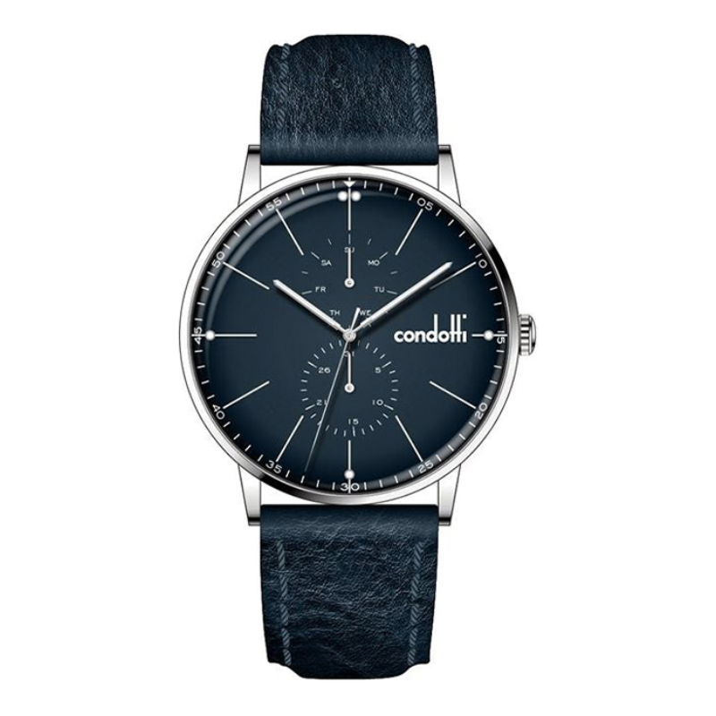 Black wristwatch with leather strap on a white background