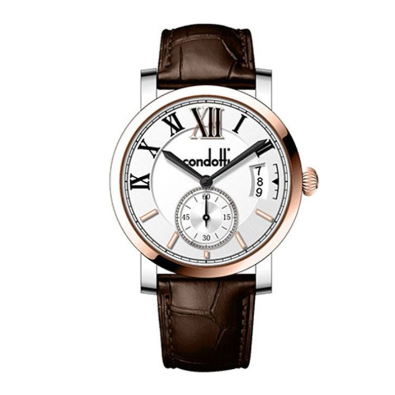 Watch with brown leather strap and white face on a white background