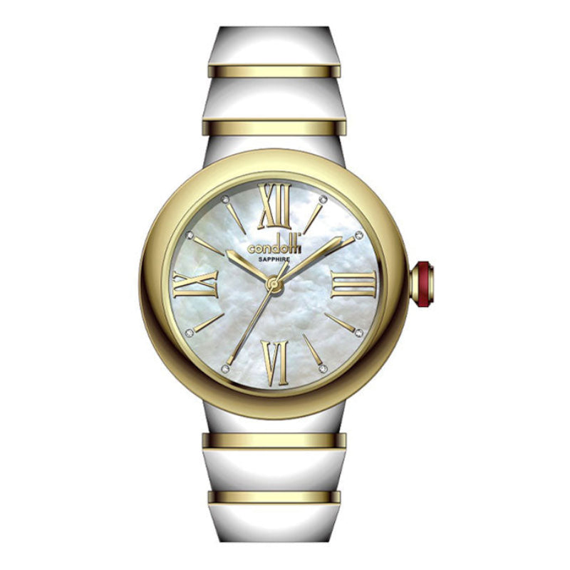 A two-tone Condotti watch with a white dial, gold case, and a bracelet strap.