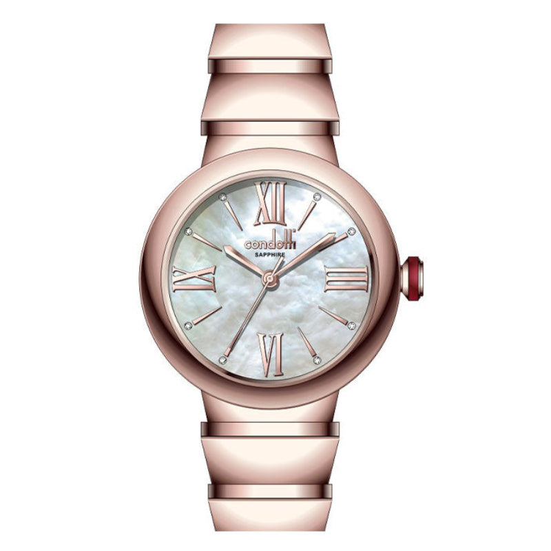 A rose gold Condotti watch with a white mother-of-pearl dial and a matching rose gold bracelet.