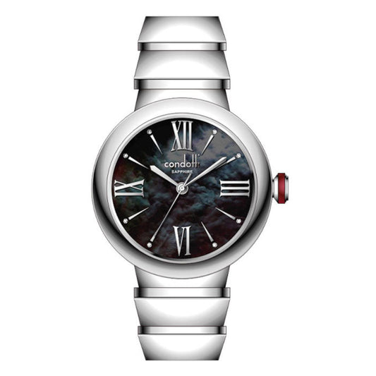 A silver-toned Condotti watch with a black mother-of-pearl dial, sapphire glass, and a stainless steel bracelet.