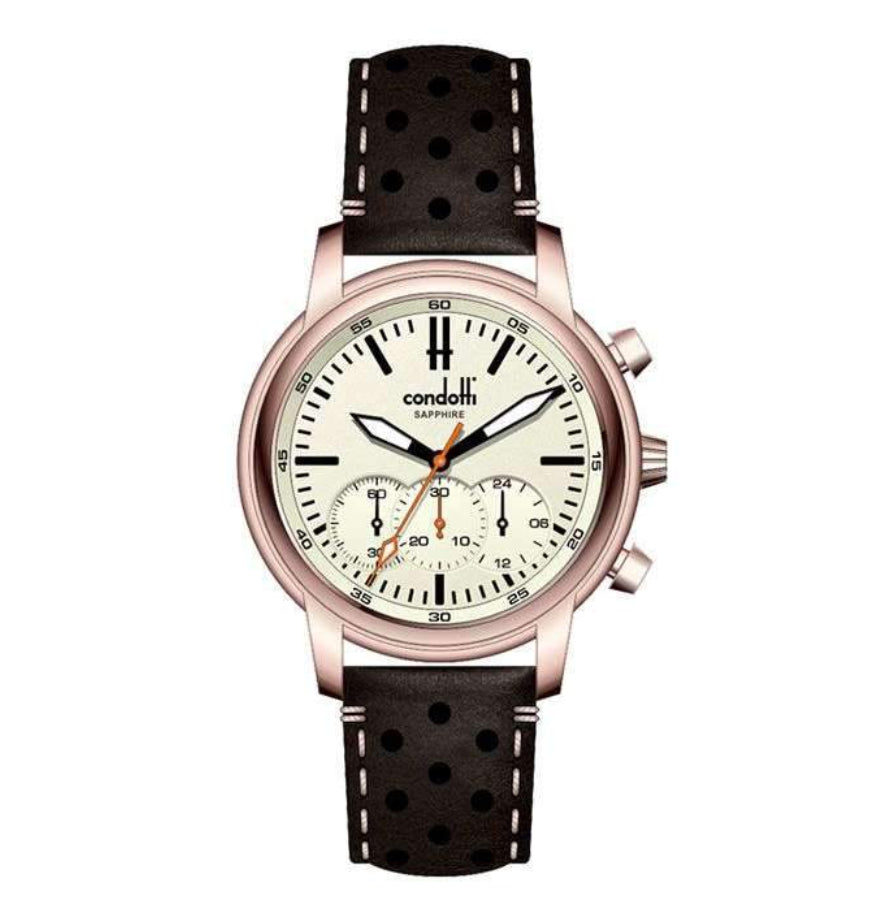 A rose gold Condotti watch with a white dial and a brown leather strap.