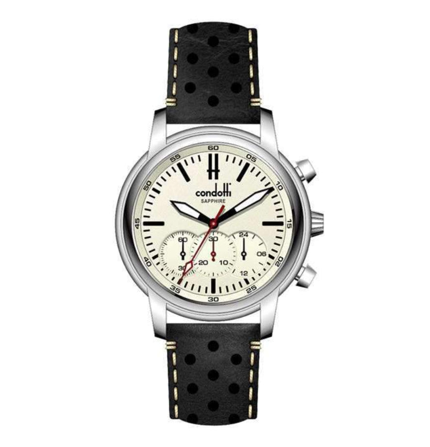 A Condotti sports watch with a white dial, black leather strap, and silver case.