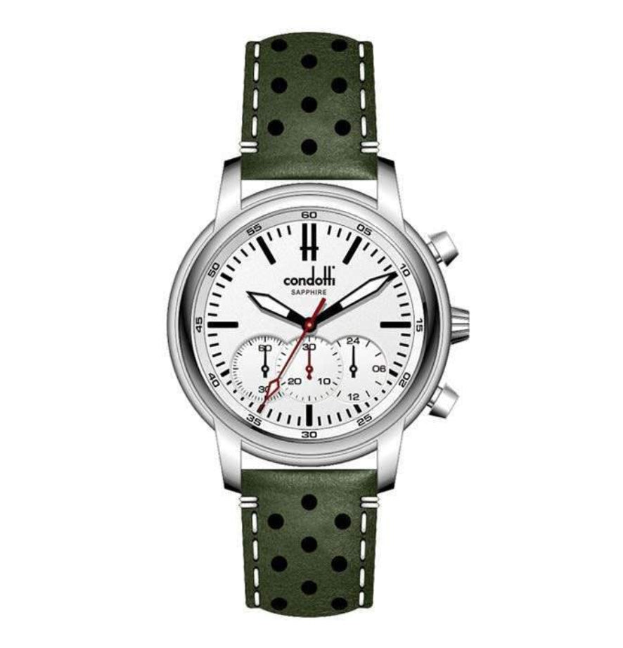 A silver-colored watch with a green leather strap and a silver case. The watch has a analog-digital display and a date function, with a casing size of 42 mm.