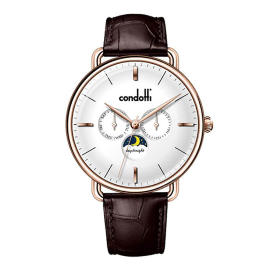 Condotti watch with brown leather strap and white face on a white background